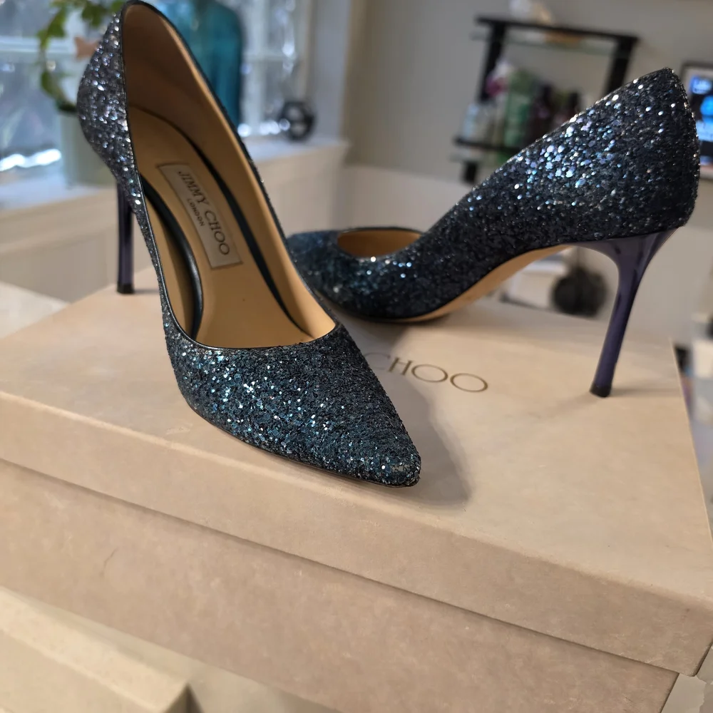 Jimmy Choo Blue Glitter Pointed Toe Pumps - Picture 1 of 5